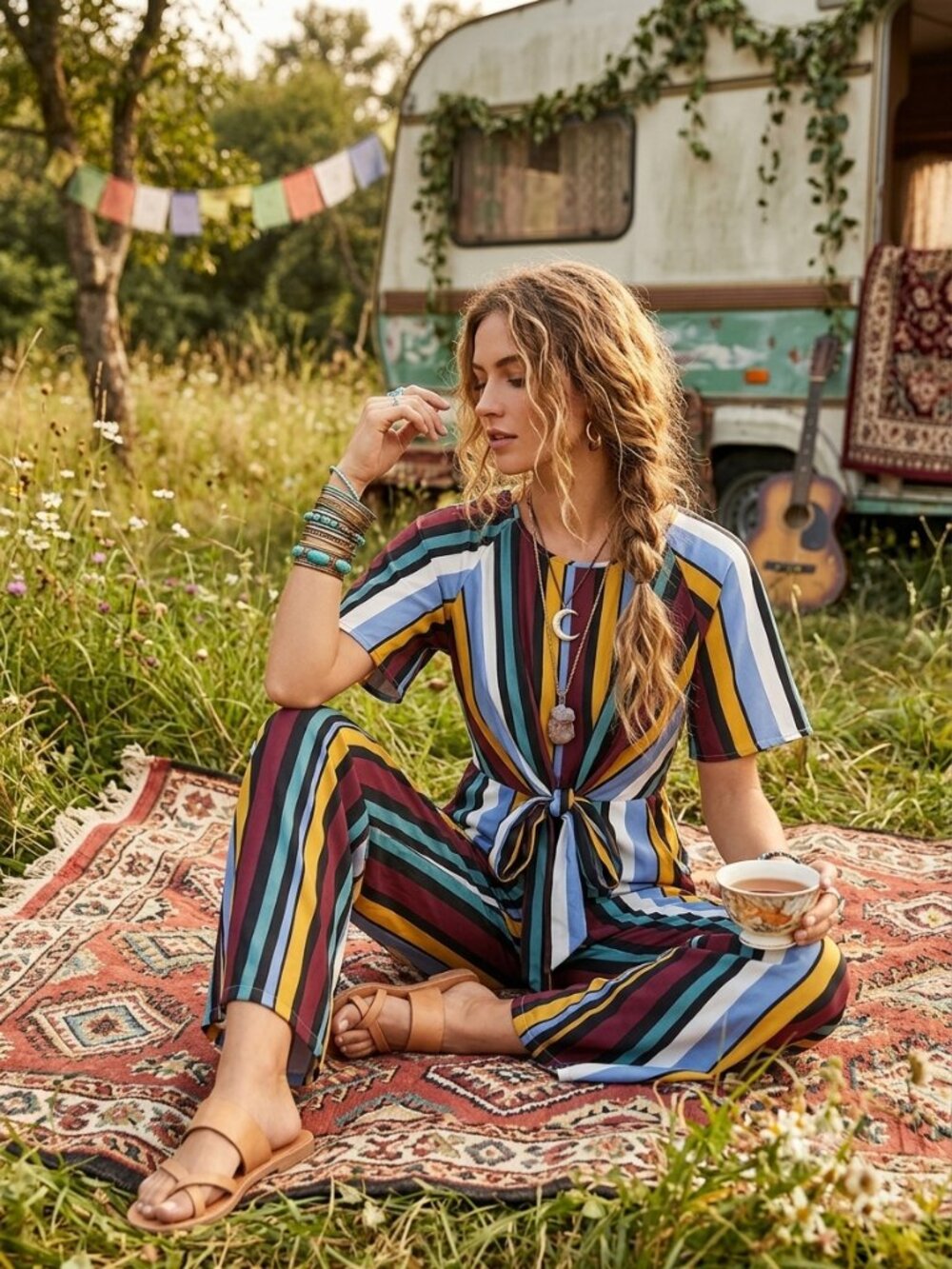 Davi & Dani Multicolor Striped Wide Leg Jumpsuit Tie Front Flutter Sleeve